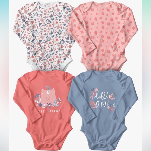 Wink & Blink Organic Girls Long Sleeve Bodysuits 4 pack - Picture 1 of 12